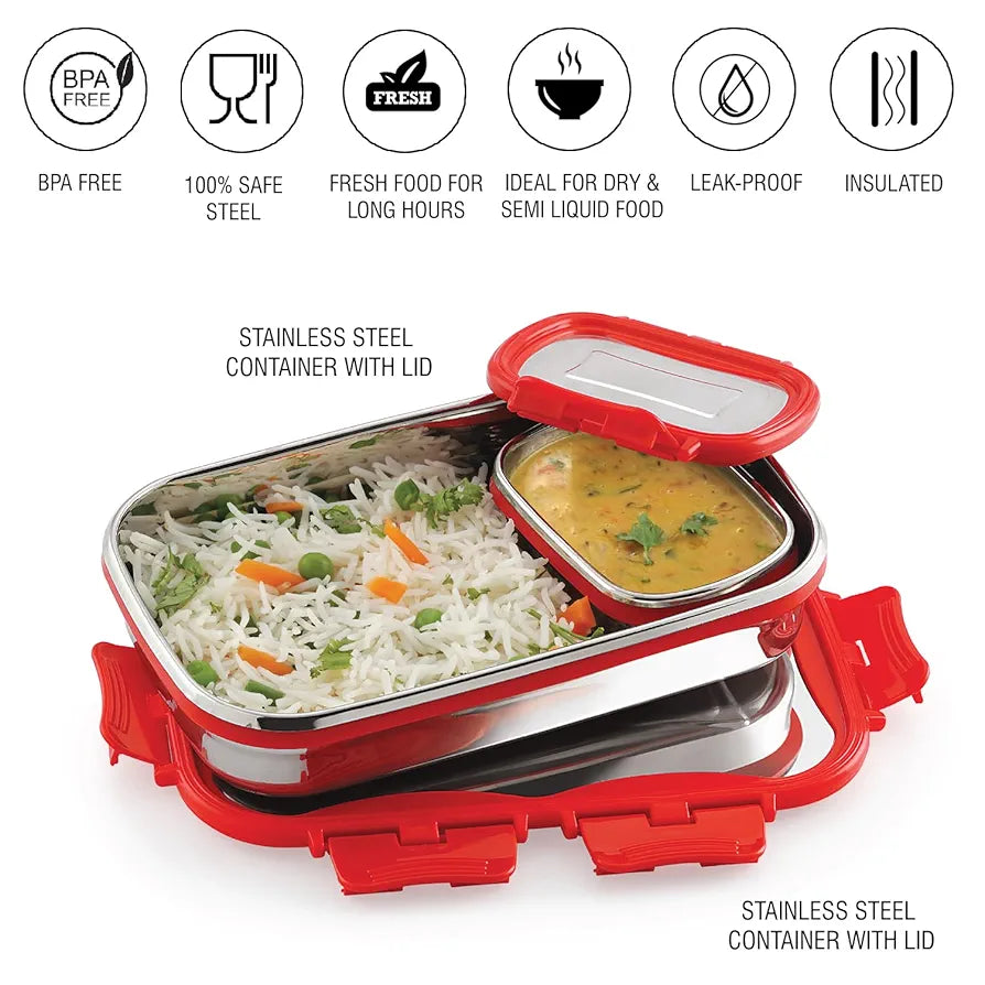 CELLO Click it Steel Insulated Lunch Box, Big, 1024ml, Red | 2 Container Tiffin for Adults | Snacks Tiffin for Kids with Veg Box | Leak-Proof & Unbreakable Lid | Ideal for Office, School, College